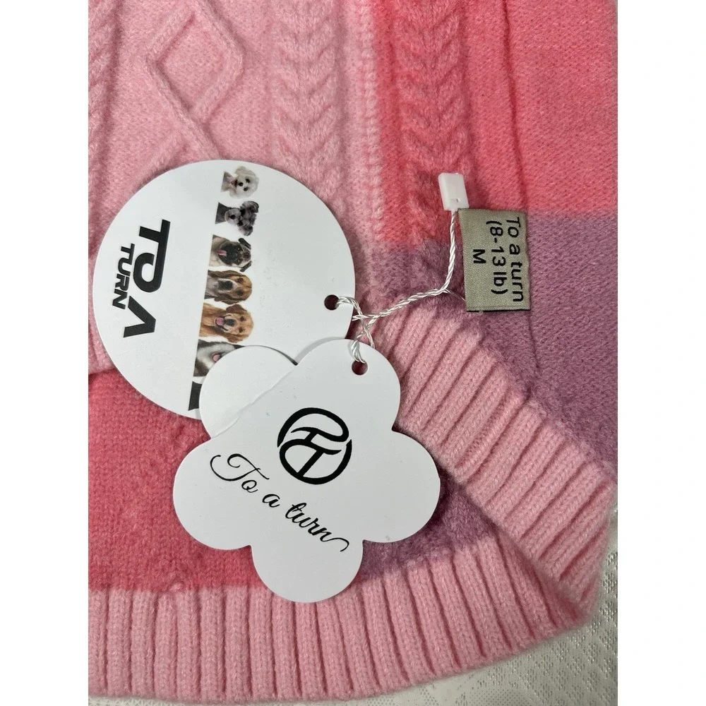 To A Turn Pink Plaid Cable Knit Dog Sweater Size M (8-13 Lb) Warm